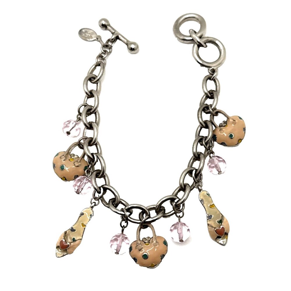Vintage COOKIE LEE Charm Bracelet #27167 Yellow Pink Shoes Purses 7" to 8"